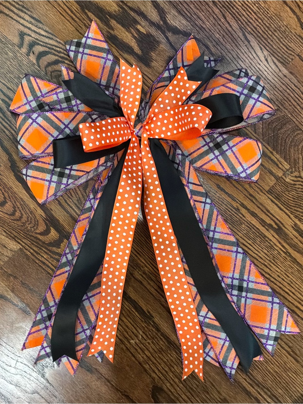 Orange Plaid Decorative Bow with Black and Polka Dot Accents